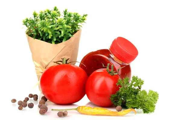 Zátiší rajčata kečup a byliny izolovaných na bílém — Stock fotografie