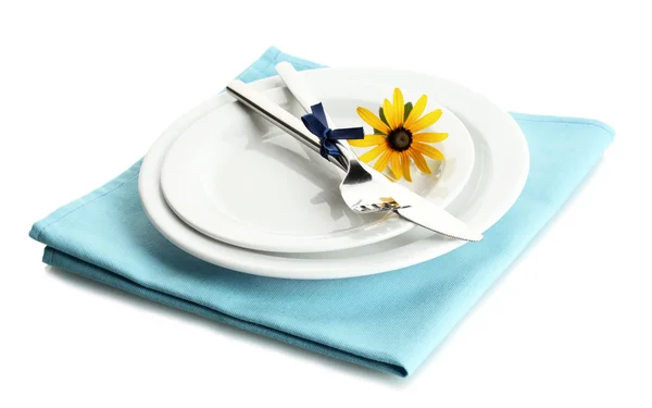 Knife, fork and flower on plate, isolated on white — Stock Photo, Image
