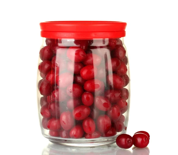 ガラスの新鮮なコーネル果実 jar に分離白 — ストック写真