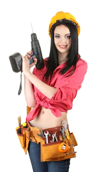 Vacker ung flicka-builder anläggning drill isolerad på vit — Stockfoto