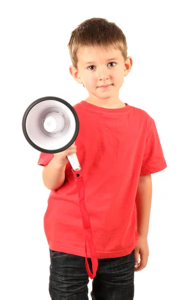 Porträt eines kleinen Jungen mit Lautsprecher isoliert auf weiß — Stockfoto