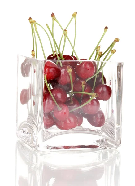 Ripe cherry berries in jar isolated on white — Stock Photo, Image
