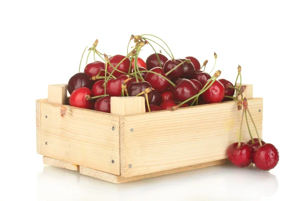 Cherry v dřevěné krabici, izolované na bílém — Stock fotografie