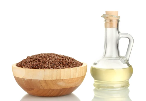 Linseed oil with flax seeds isolated on white — Stock Photo, Image