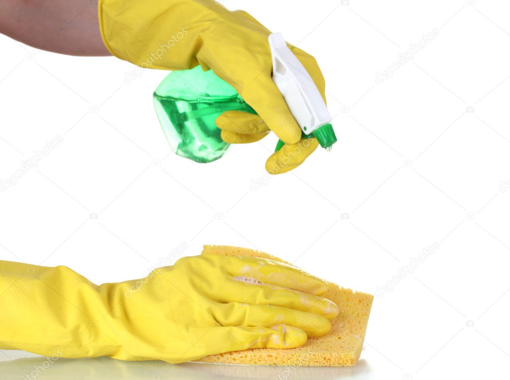Cleaning surface in bright yellow gloves with sponge and cleaning product on white background