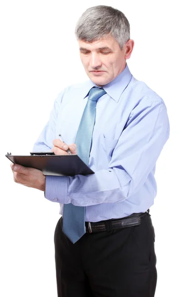 Empresário escrevendo no documento isolado em branco — Fotografia de Stock