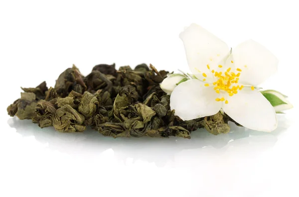 stock image Beautiful jasmine flower and dry green tea isolated on white