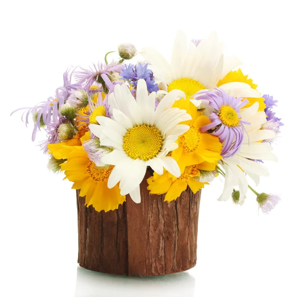 Красивый букет ярких полевых цветов в деревянном цветочном горшке, изолированный на белом — стоковое фото