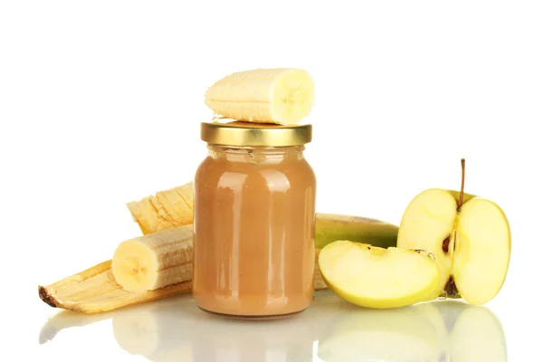 Jar with banana and apple baby food isolated on white — Stock Photo, Image
