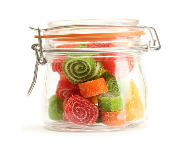 Colorful jelly candies in glass jar isolated on white — Stock Photo, Image