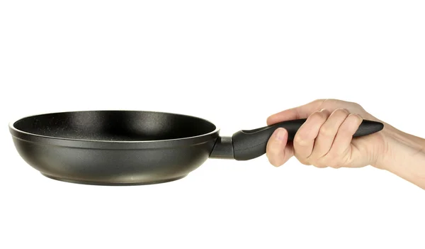 Woman's hand holding a frying pan isolated on white — Stock Photo, Image