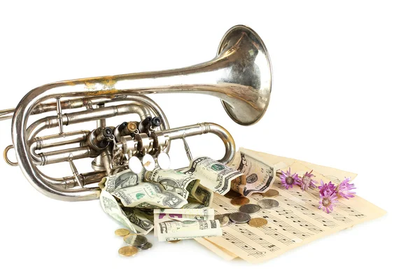 Instrumento musical con dinero sobre fondo gris —  Fotos de Stock