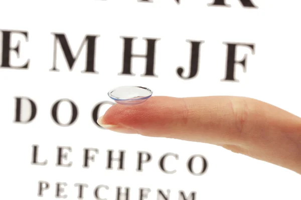 スネレン視力検査表の背景の上の指の上のコンタクト レンズ — ストック写真