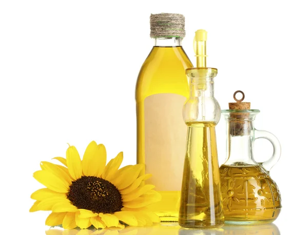 Olie in potten en zonnebloem, geïsoleerd op wit — Stockfoto