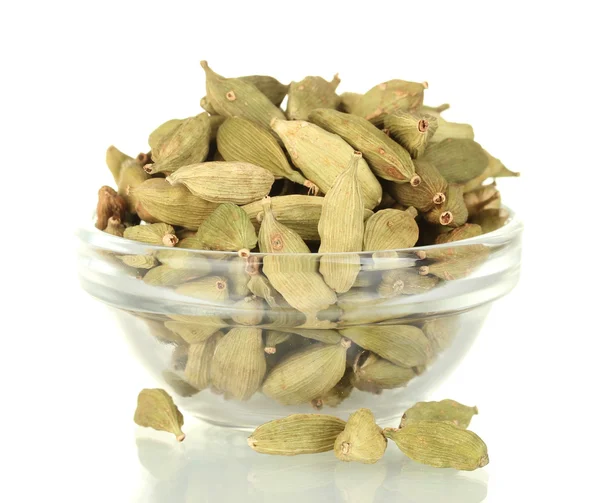Green cardamom in glass bowl isolated on white close-up — Stock Fotó