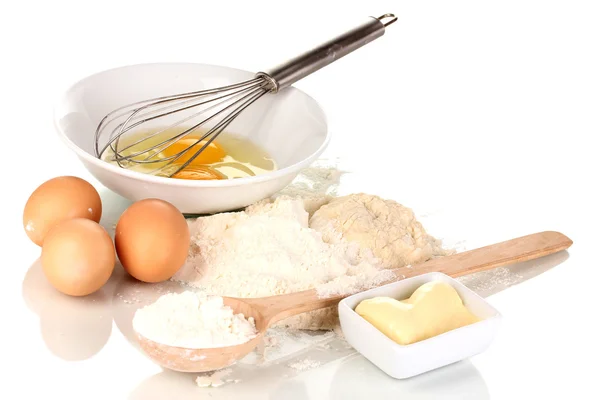 Eieren, meel en boter geïsoleerd op wit — Stockfoto