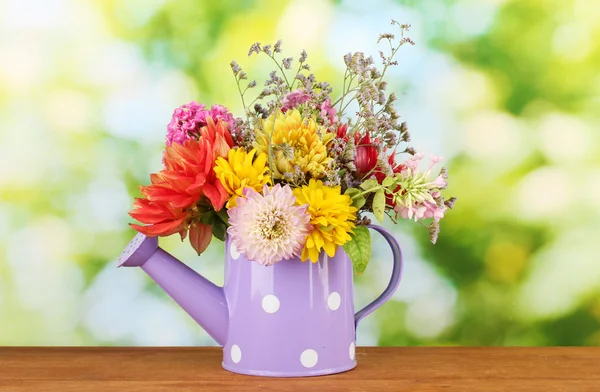 Purple watering can with white polka-dot with flowers on green background — Stock Photo, Image