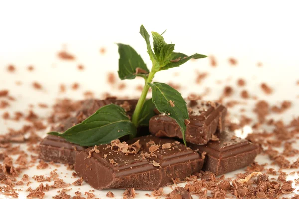 Stukken van chocolade en munt op de plaat op witte achtergrond close-up — Stockfoto