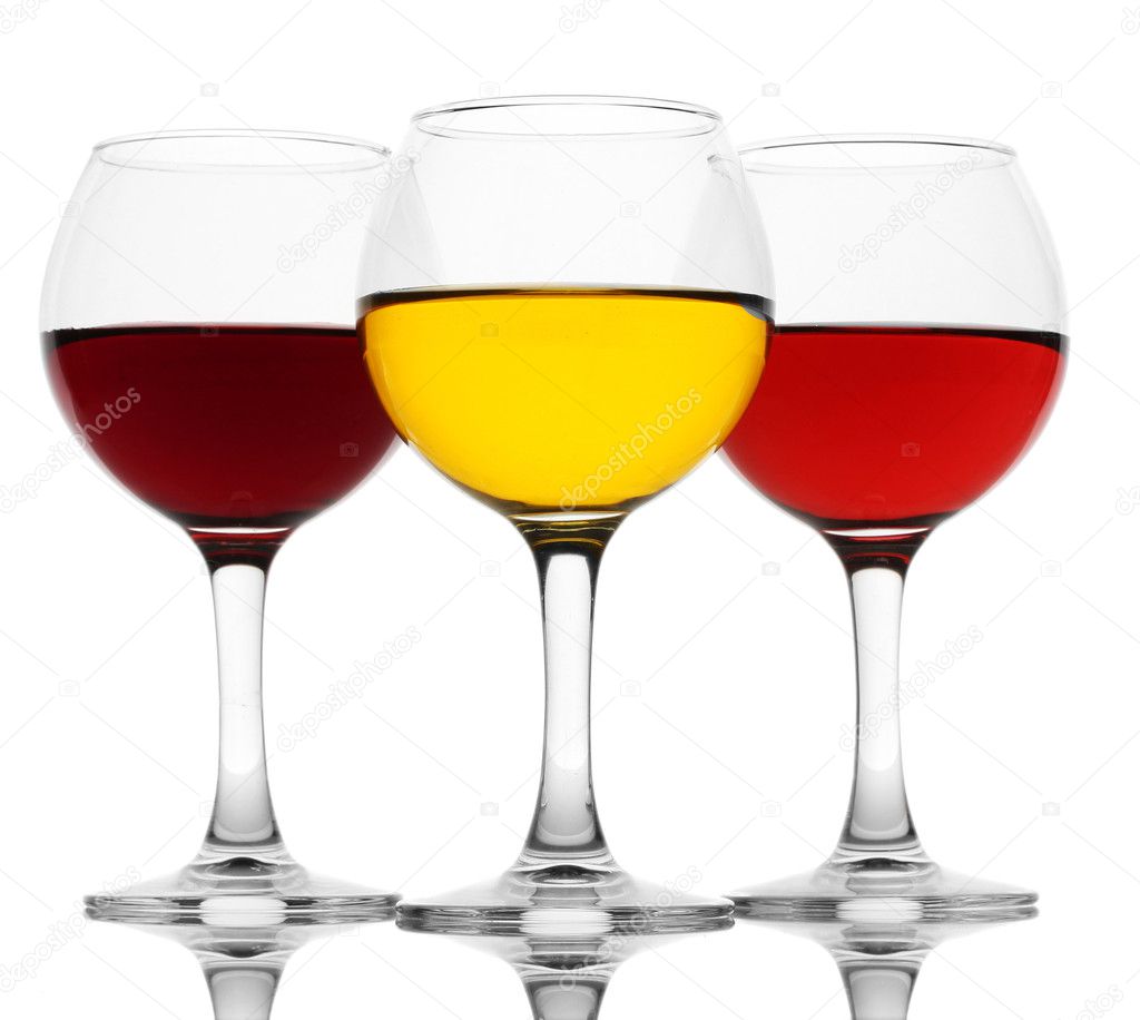 Three glasses of wine isolated on white