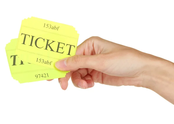 Kvinnans hand som håller en färgglad biljetter på vit bakgrund närbild — Stockfoto