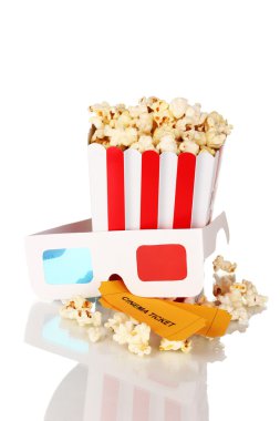 Popcorn with glasses and tickets isolated on white clipart