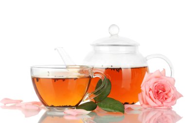 Teapot and cup of tea with rose isolated on white clipart