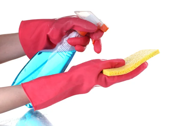 Καθαρίζοντας επιφάνεια σε φωτεινά γάντια με σφουγγάρι και προϊόν καθαρισμού σε άσπρο φόντο — Φωτογραφία Αρχείου