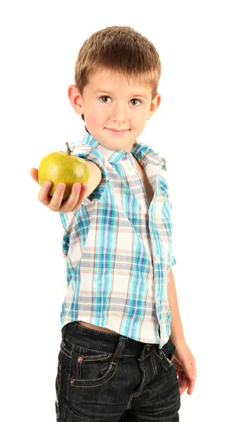 Funny little boy with apple isolated on white — Stock Photo, Image