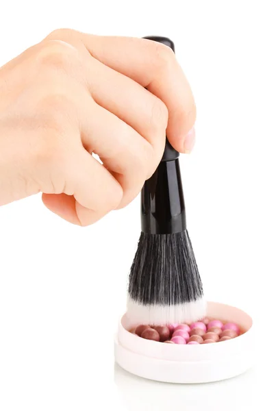Schwarzer Pinsel für Make-up mit Puderkugeln in der Hand isoliert auf weiß — Stockfoto