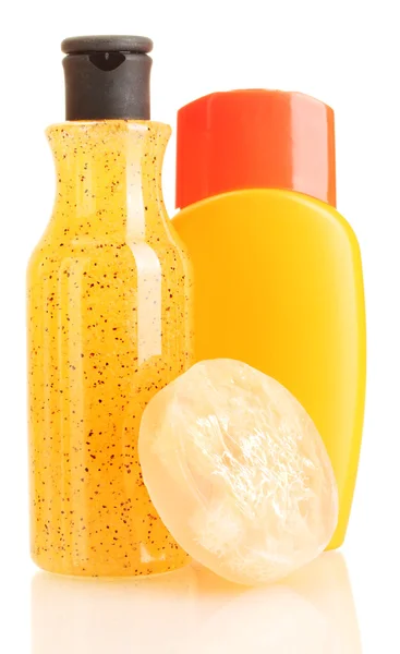 Cosmetics bottles and soap isolated on white — Stock Photo, Image