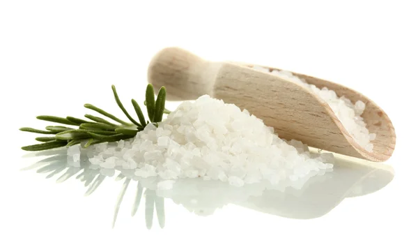 Salt with fresh rosemary isolated on white — Stock Photo, Image