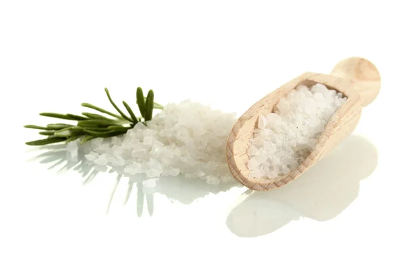 Salt with fresh rosemary isolated on white — Stock Photo, Image