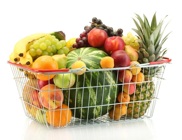Assortment of exotic fruits in metal basket isolated on white — Stock Photo, Image