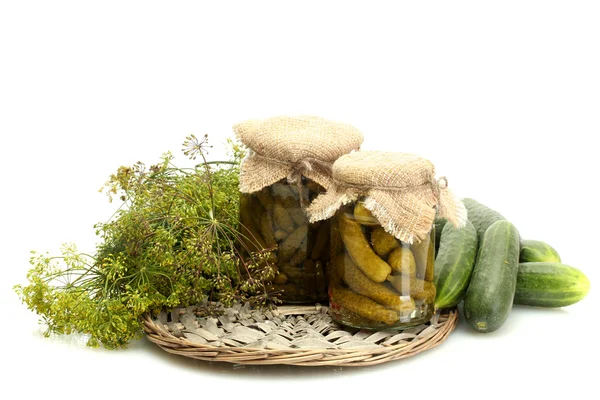 stock image Fresh cucumbers, pickles and dill isolated on white