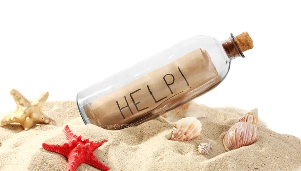 Glass bottle with note inside on sand isolated on white — Stock Photo, Image