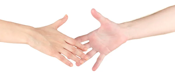 Kobieca ręka idzie do męskiej dłoni na białym tle. — Zdjęcie stockowe