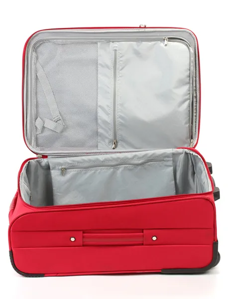 Opened empty red suitcase isolated on white — Stockfoto