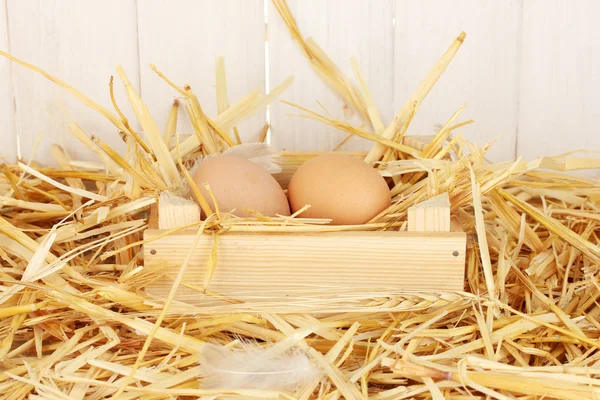 Ovos castanhos em uma caixa de madeira na palha no fundo de madeira branco — Fotografia de Stock