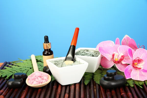Argila cosmética para tratamentos de spa em fundo azul close-up — Fotografia de Stock