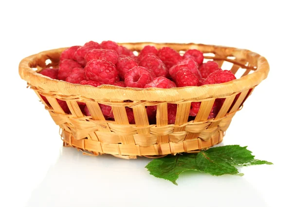 Fresh raspberries in wicker basket isolated on white — Stock Photo, Image