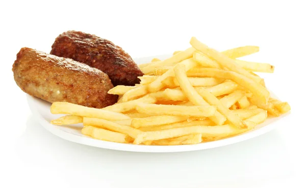 Patate fritte con hamburger nel piatto isolato su primo piano bianco — Foto Stock