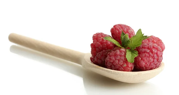 stock image Ripe raspberries with mint in wooden spoon isolated on white