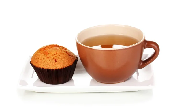 Fresh muffin with tea isolated on white — Stock Photo, Image
