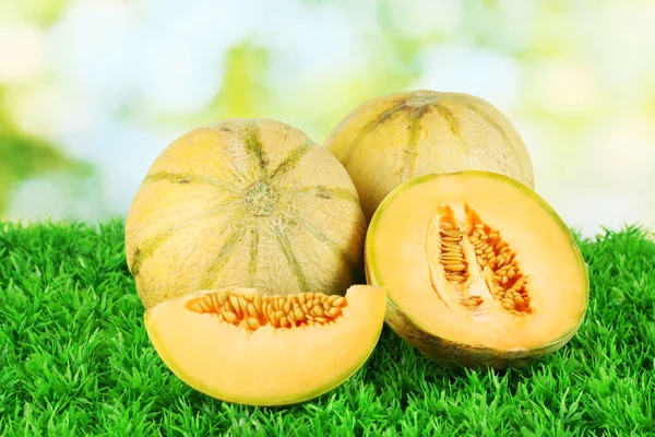 Leckere Melonen auf Gras auf grünem Hintergrund — Stockfoto