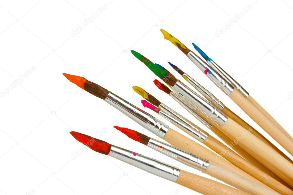 Paint brushes with gouache in cup isolated on white Stock Photo