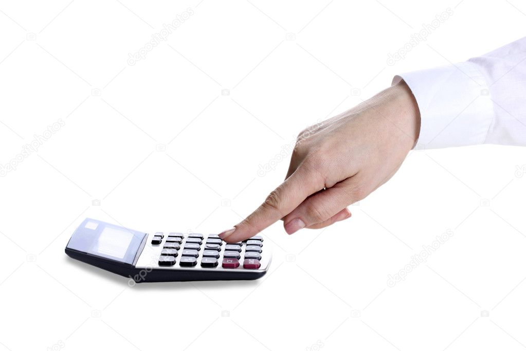 Women hand and Calculator isolated on white