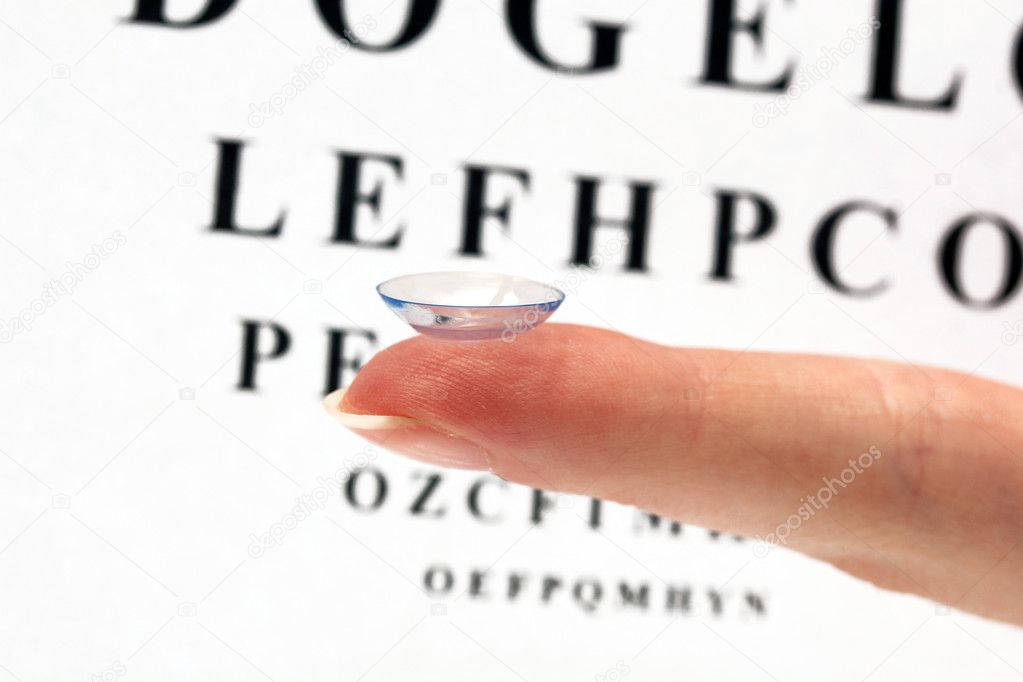 Contact lens on finger, on snellen eye chart background