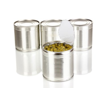 Open tin can of peas and closed cans isolated on white clipart