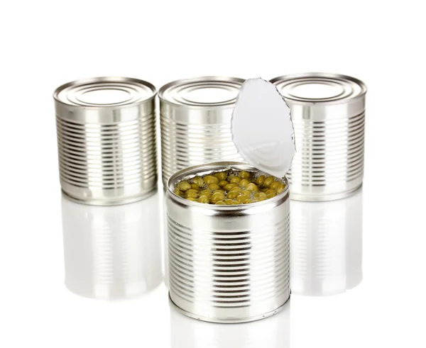 Open tin can of peas and closed cans isolated on white — Zdjęcie stockowe