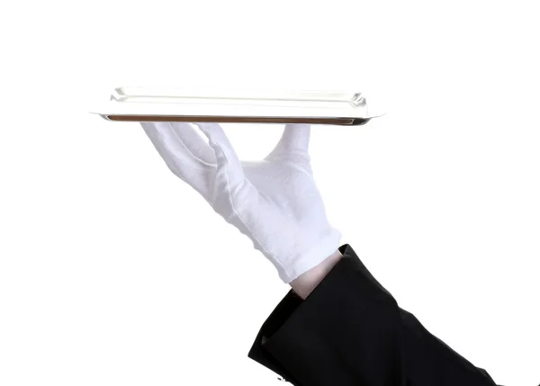 Formele ober met een zilveren dienblad geïsoleerd op wit — Stockfoto